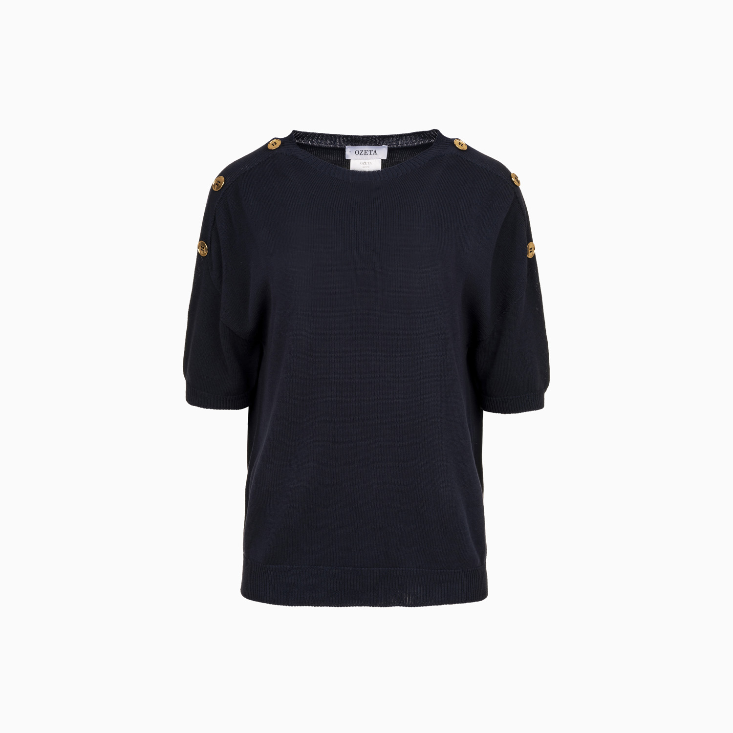Pullover Blau mit kurzen Armen und goldenen Zierknöpfen